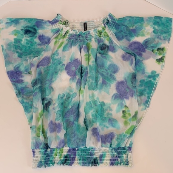Massini Shirred Floral Blouse Flutter Angel Sleeves Size Large - Picture 5 of 12